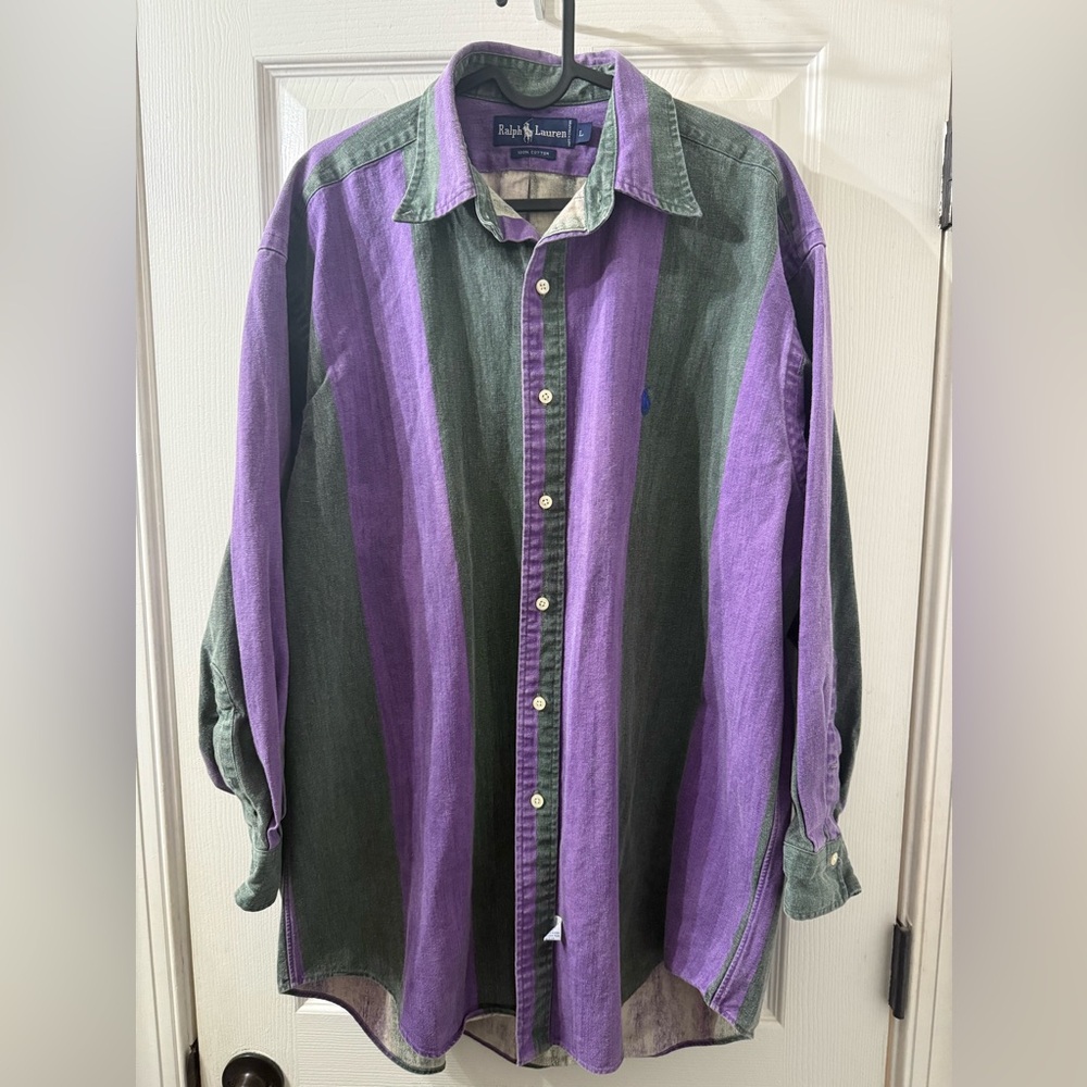 Polo Ralph Lauren 90s/Y2K Deadstock Colorblock Purple and Green Striped Shirt